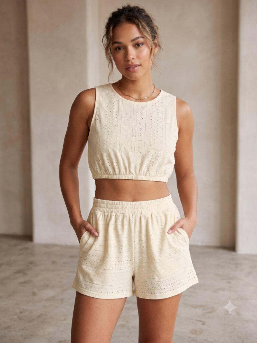 NWOT | Buttercream Yellow Geometric Eyelet 2-Piece Crop Tank & Short Set | XL